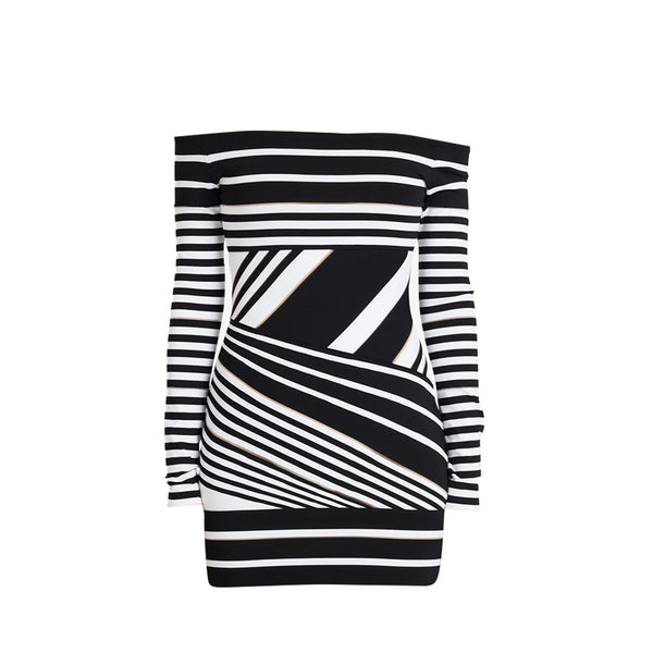 Balmain Black & White Stripe Dress | Designer code: XF0R8399KC04 | Luxury Fashion Eshop | Miamaia.com